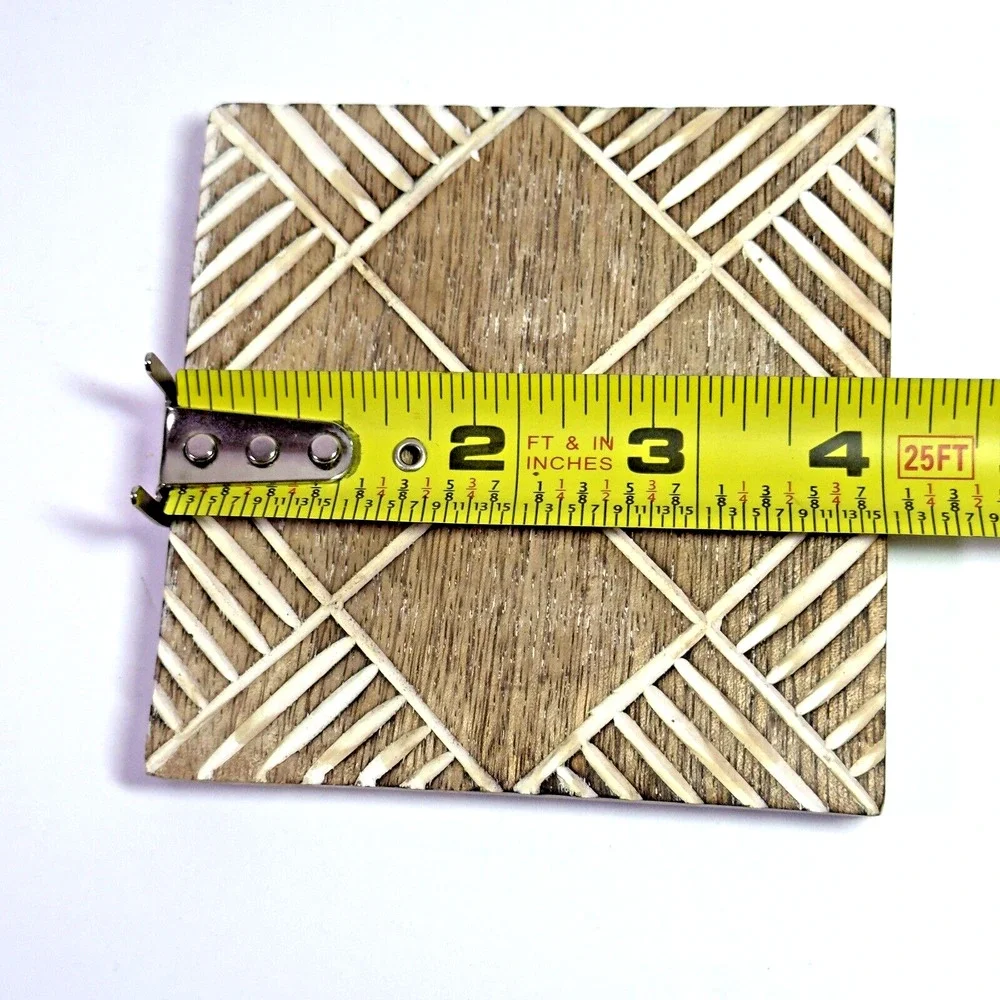 Real Wood Coasters Set of 4 Rustic Carved Geometric Boho Tribal Eclectic 4 Inch